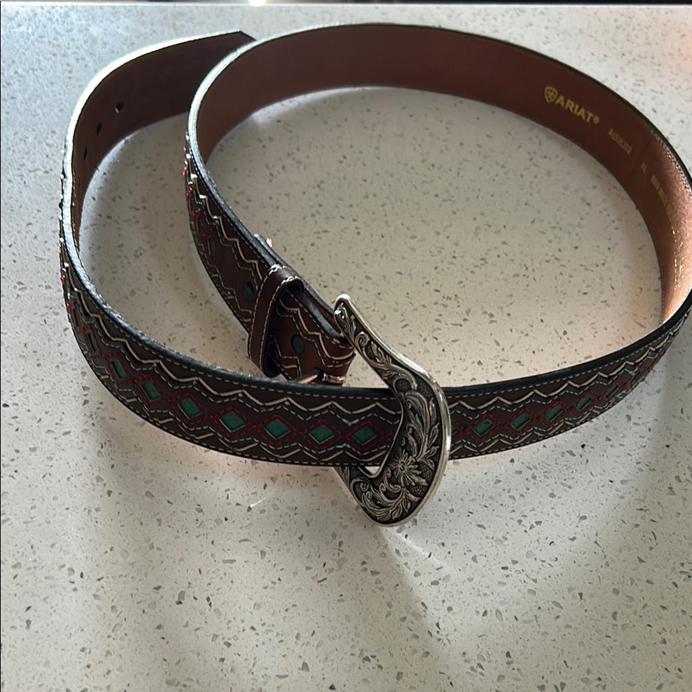 Ariat Leather Belt with Silver Buckle and Colorful Pattern